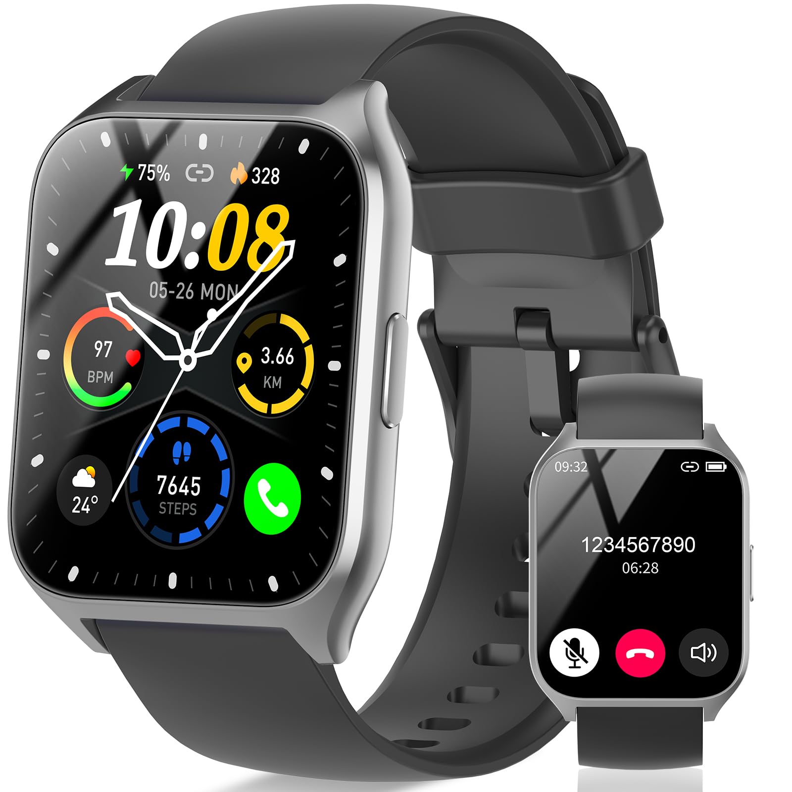 Smartwatch Herren Damen, 1,85" HD Touchscreen Smart Watch mit Telefonfunktion, 100+ Sportmodi Sportuhr mit Schrittzähler/Herzfrequenzmonitor/Schlafmonitor, IP68 Wasserdicht Fitnessuhr für iOS Android