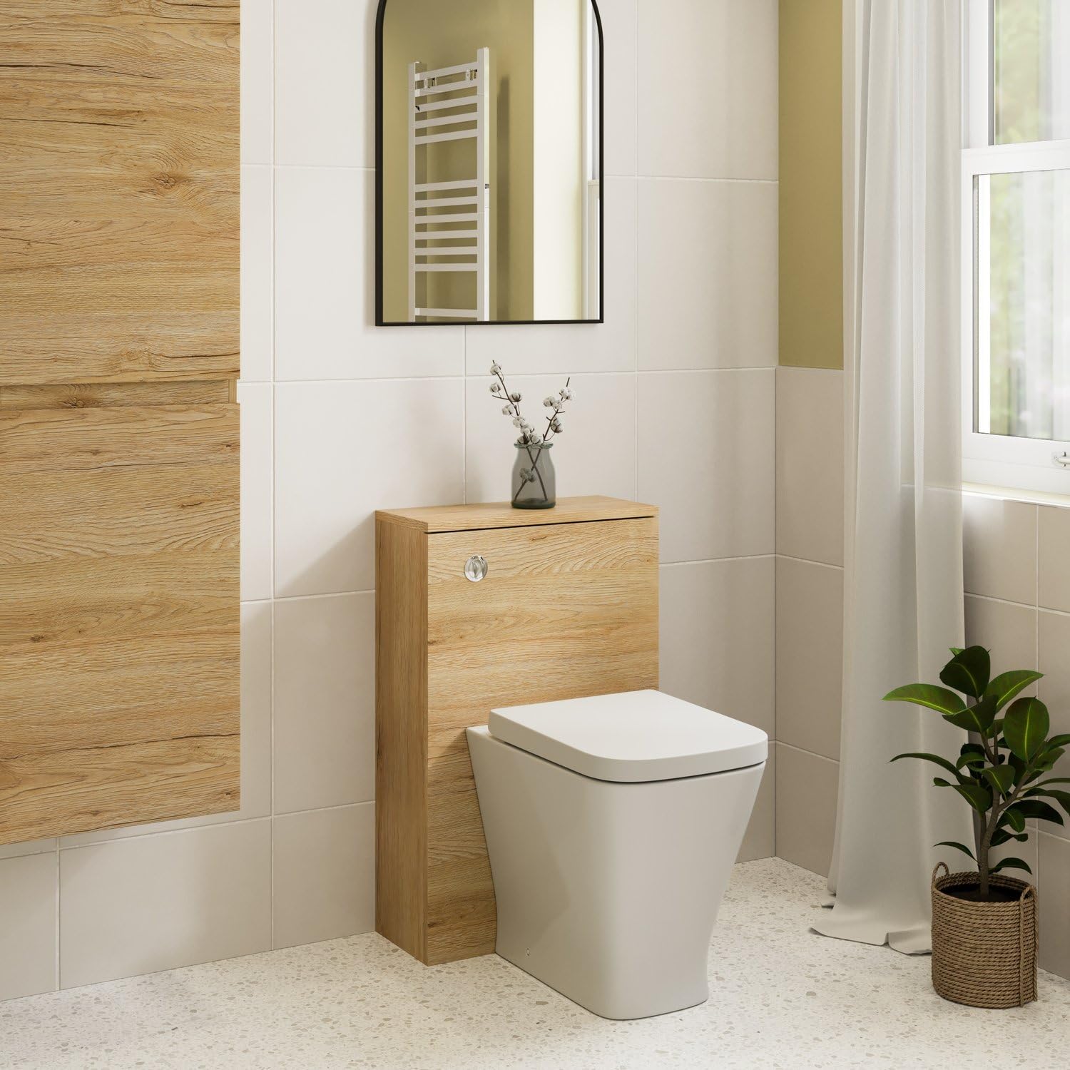 Baystone® Modern Bathroom Cloakroom Back to Wall BTW Toilet WC 500mm Furniture Unit Square Shape Pan Soft Close Seat, Dual Flush Cistern, Oak