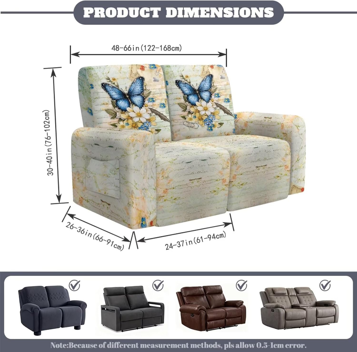 6-Piece Stretch Loveseat Recliner Slipcover Recliner Sofa Cover with Side Pocket Butterfly Floral Letter Print Couch Furniture Protector for Dogs