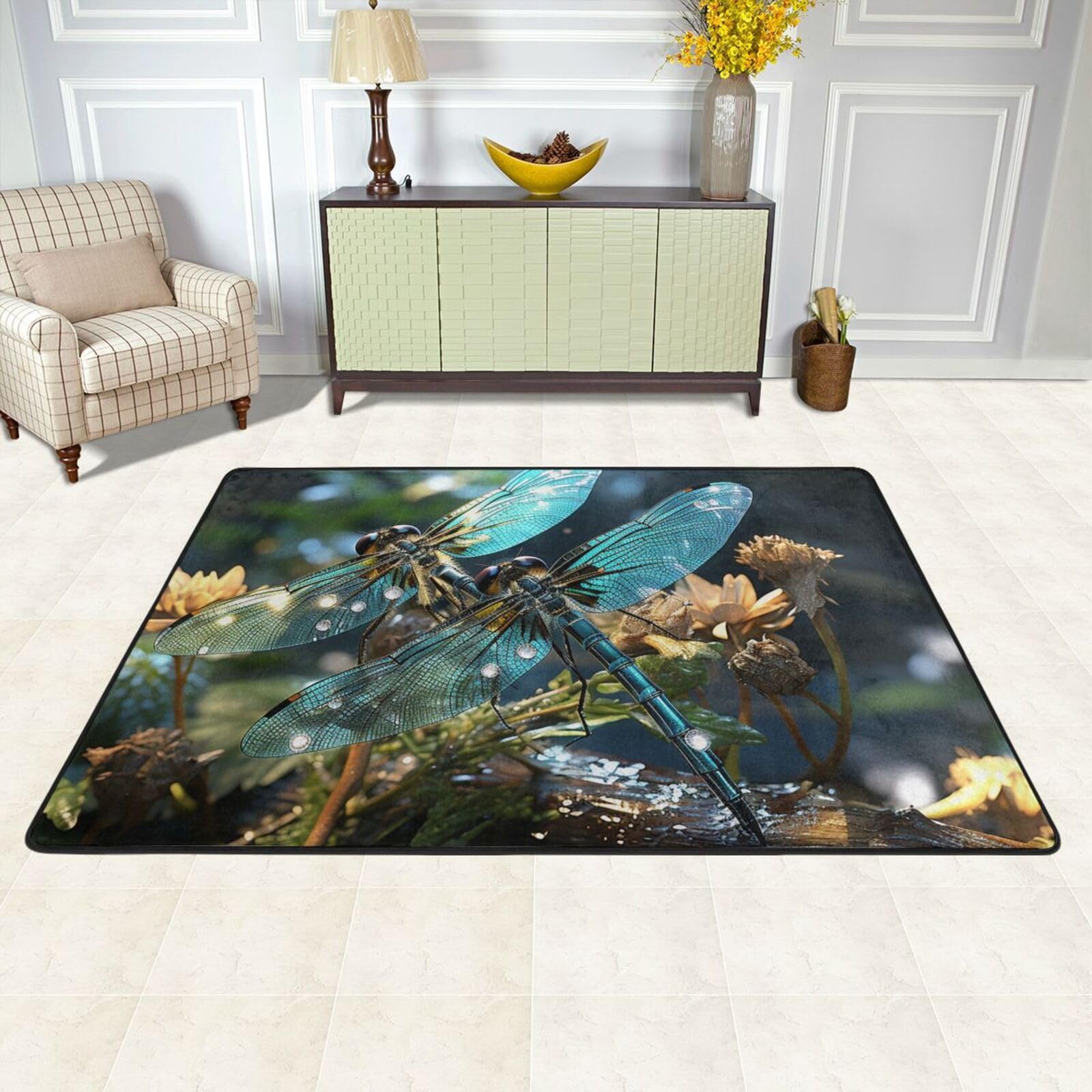 Tapis de sol absorbant libellules lavable pour salon et cuisine