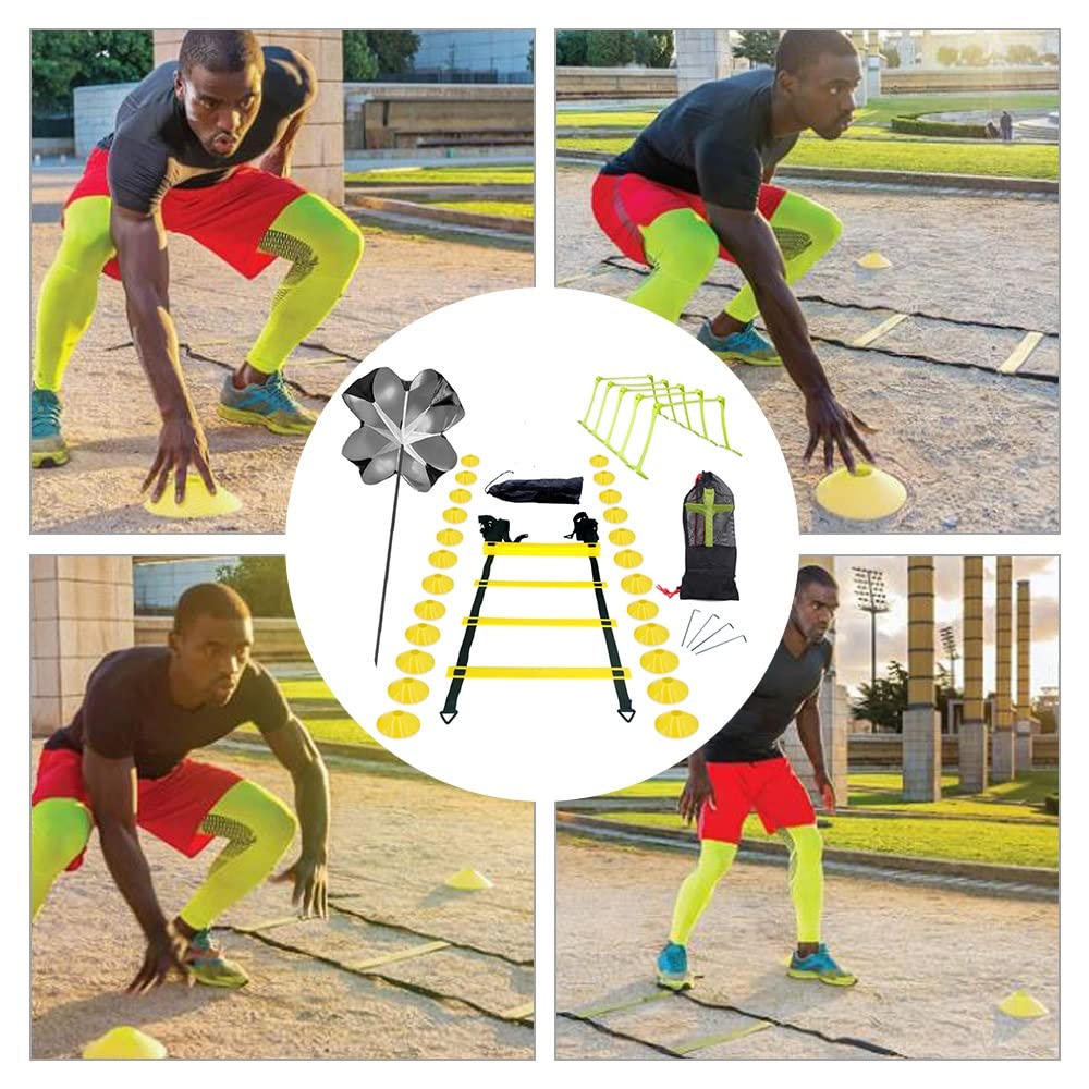 Agility Ladder Kit d'entraînement- Entrainement Foot Ensemble Agile, 1 Échelle de Rythme, 24Cones de Sport,1 Parachute à résistance,1 parachute de résistance,5 haies réglables,1 Sac de Transport