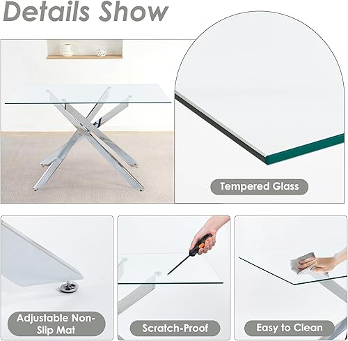 Miniatura 28 de Juego de mesa de comedor de 7 piezas para 6, mesa rectangular moderna de cristal con 6 sillas tapizadas de cuero, juegos de mesa y sillas de comedor