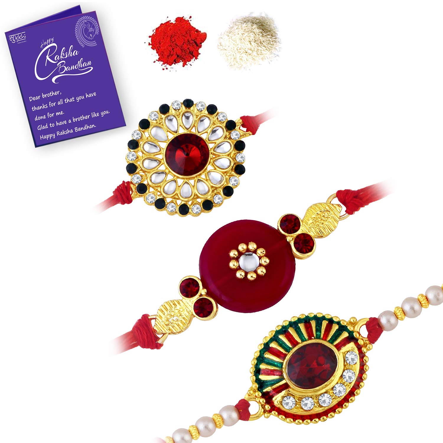 Sukkhi Rakhi Exotic Kundan Rakhi Combo & Designer Gold Plated Premium Rakhi for Brother, Roli Chawal & Greeting Card|Rakhi for Bhaiya|Rakhi for MEN|Kundan Rakhi|Rakhi Combo-Set of 3 |CBRAK82928 (B07TP8KRX6) Amazon Price History, Amazon Price Tracker