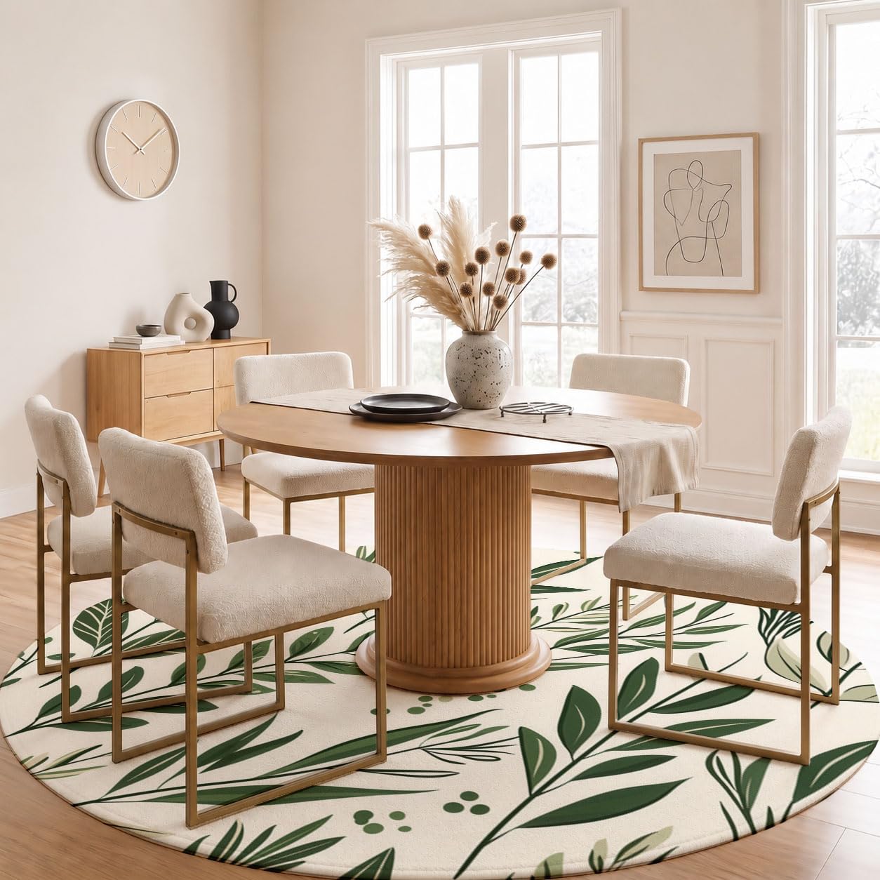 Tapis Moderne 100cm Rond à Motif Plantes peintes à la Main
