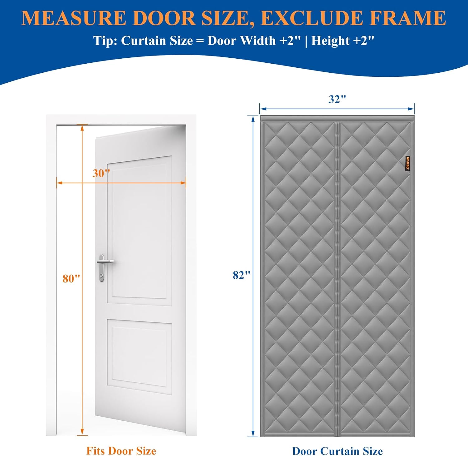 MAGZO Magnetic Thermal Insulated Door Curtain, Fits 30" x 80" Door(Curtain Size 32'' x 82''), Waterproof Oxford&Cotton, Insulation Cover Blanket for Winter/RV/Inside Camper, Keep Cold Air Out, Grey