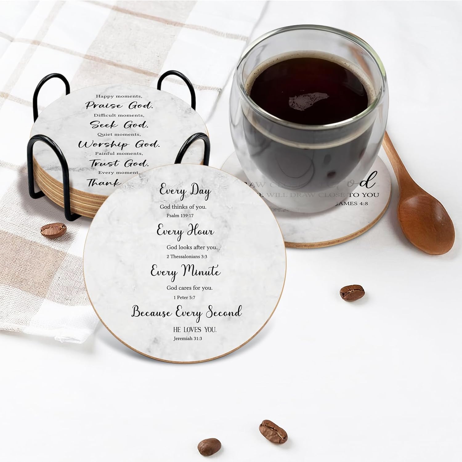 Bible Verses Coasters Set of 6 with Holder, Cork Drink Coasters for Coffee Table, Christian Gifts for Women Home Decor, White - Image 2