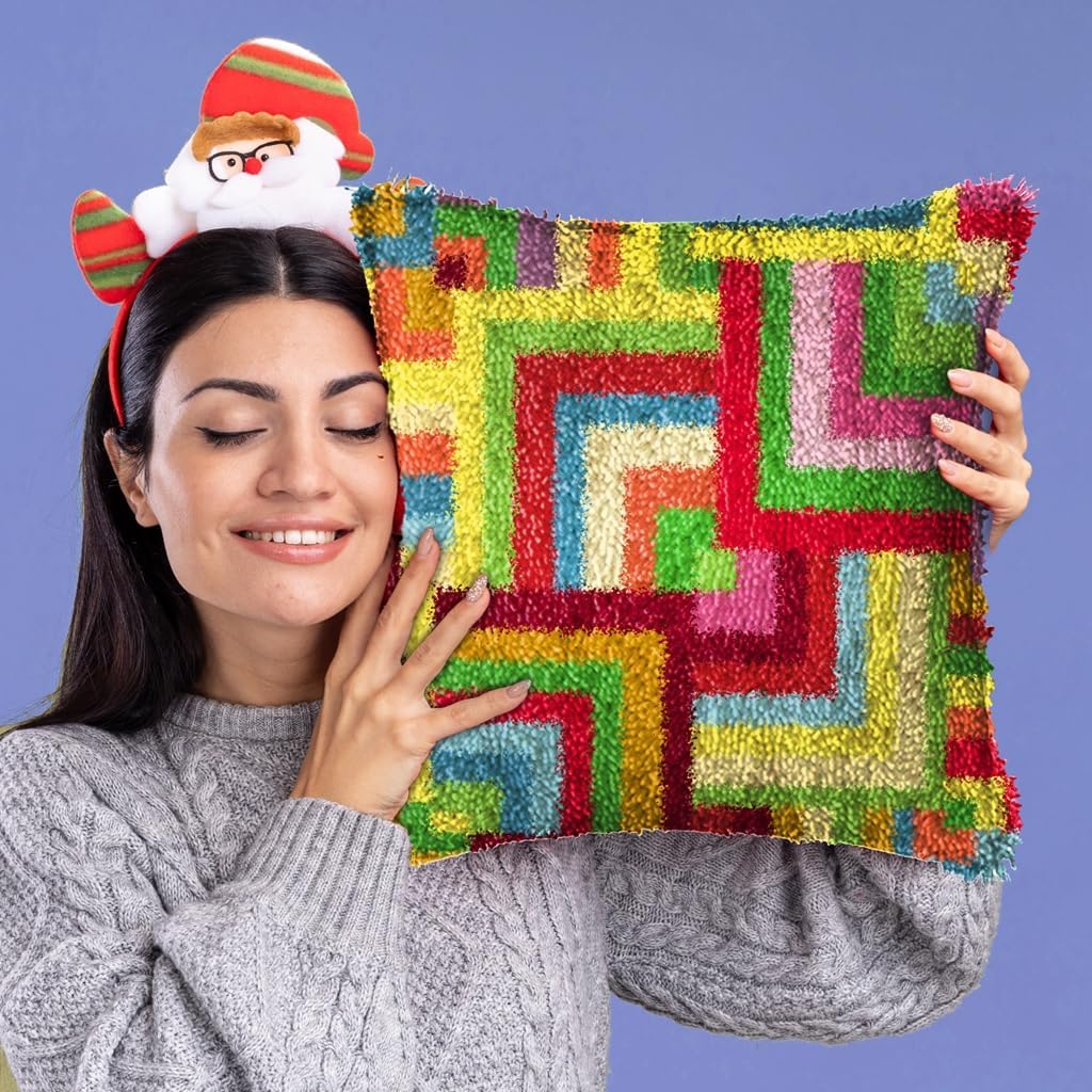 DL-YTG Latch Hook Kits Pillow Flower Crochet Yarn Cushion Colour Pre-Printed Canvas Rug Needlework DIY Pillowcase Hook and Latch Kit Christmas Home Arts Crafts Sofa Decoration 42x42cm/16 X16inch