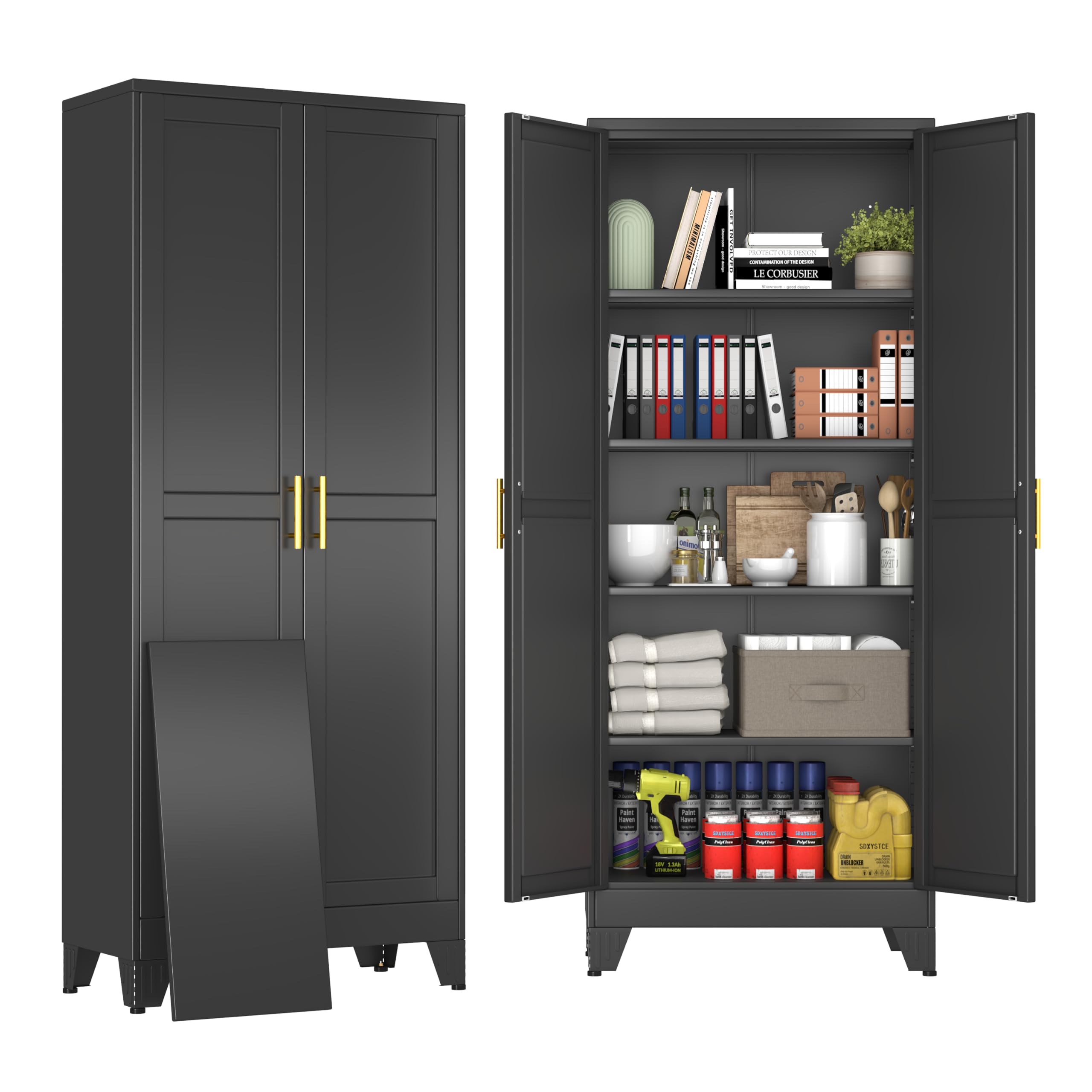 baoliwo 71" Black Metal Garage Storage Cabinet with 2 Doors and 4 Adjustable Shelves,Kitchen Pantry Cabinet,File Cabinet,Steel Tool Cabinet for Home,