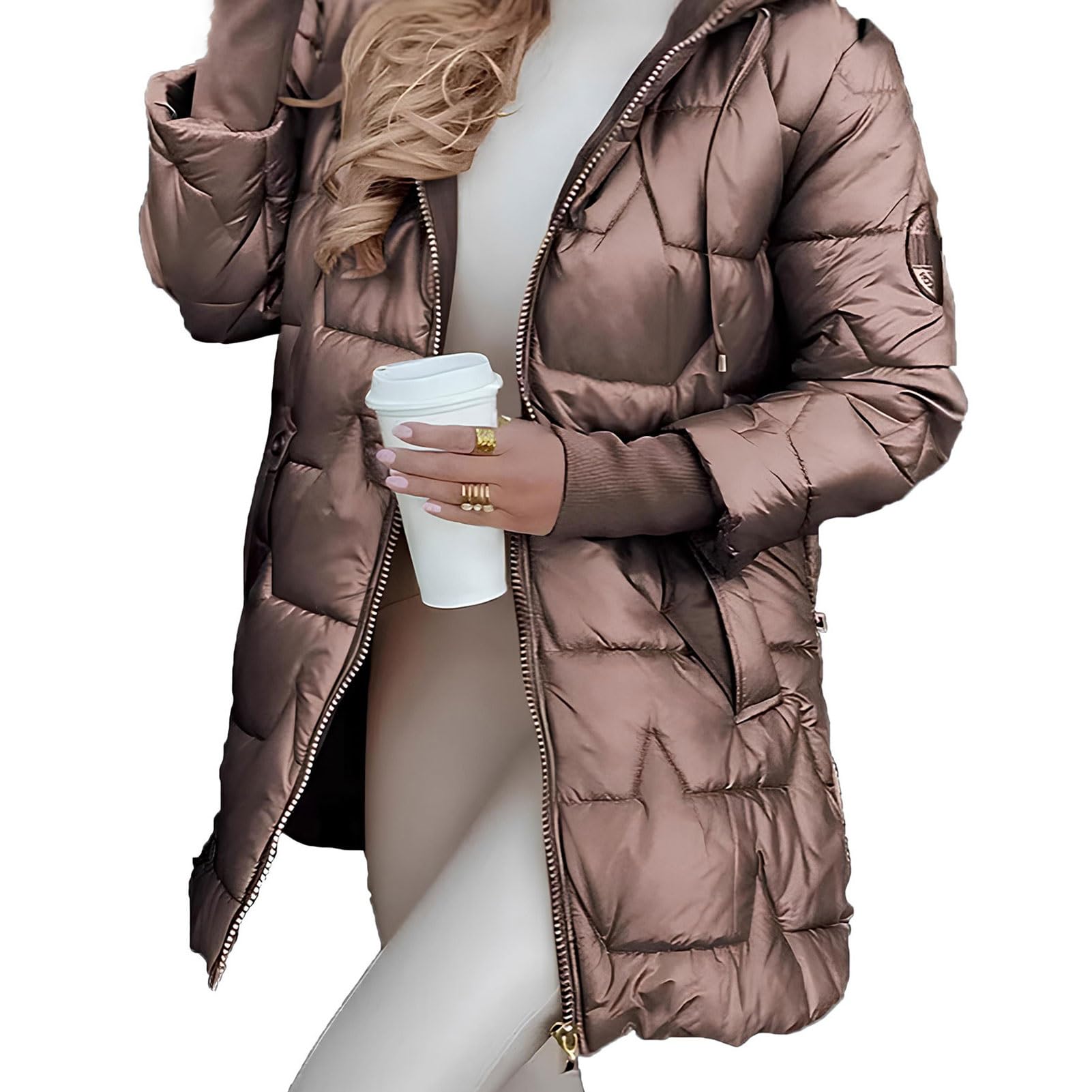 Piumino Da Donna Con Cappuccio, Piumino Lungo Medio Lucido Con Cerniera Manica Lunga Casual Soffice Invernale Con Tasche