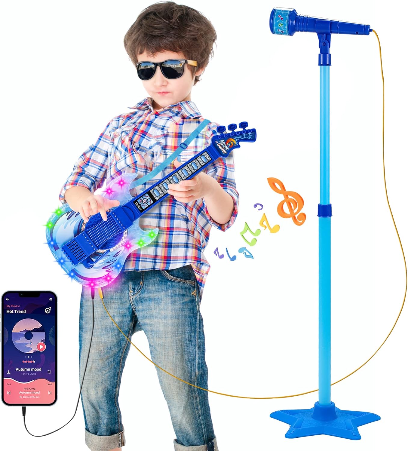 Guitar and Microphone Play Set for Boys,Karaoke Machine with Music&Light,Microphone Toys with Stand,Adjustable Height Guitar Toys for Kids,Toddlers,Child(Blue)