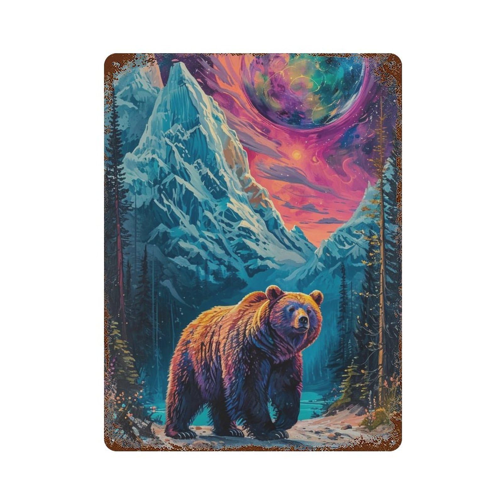 Weathered Tin Sign Colorful Fantasy Bear Landscape 15.7"x11.8", Novelty Wall Decor for Basement, Hobby Room And Garage Decor