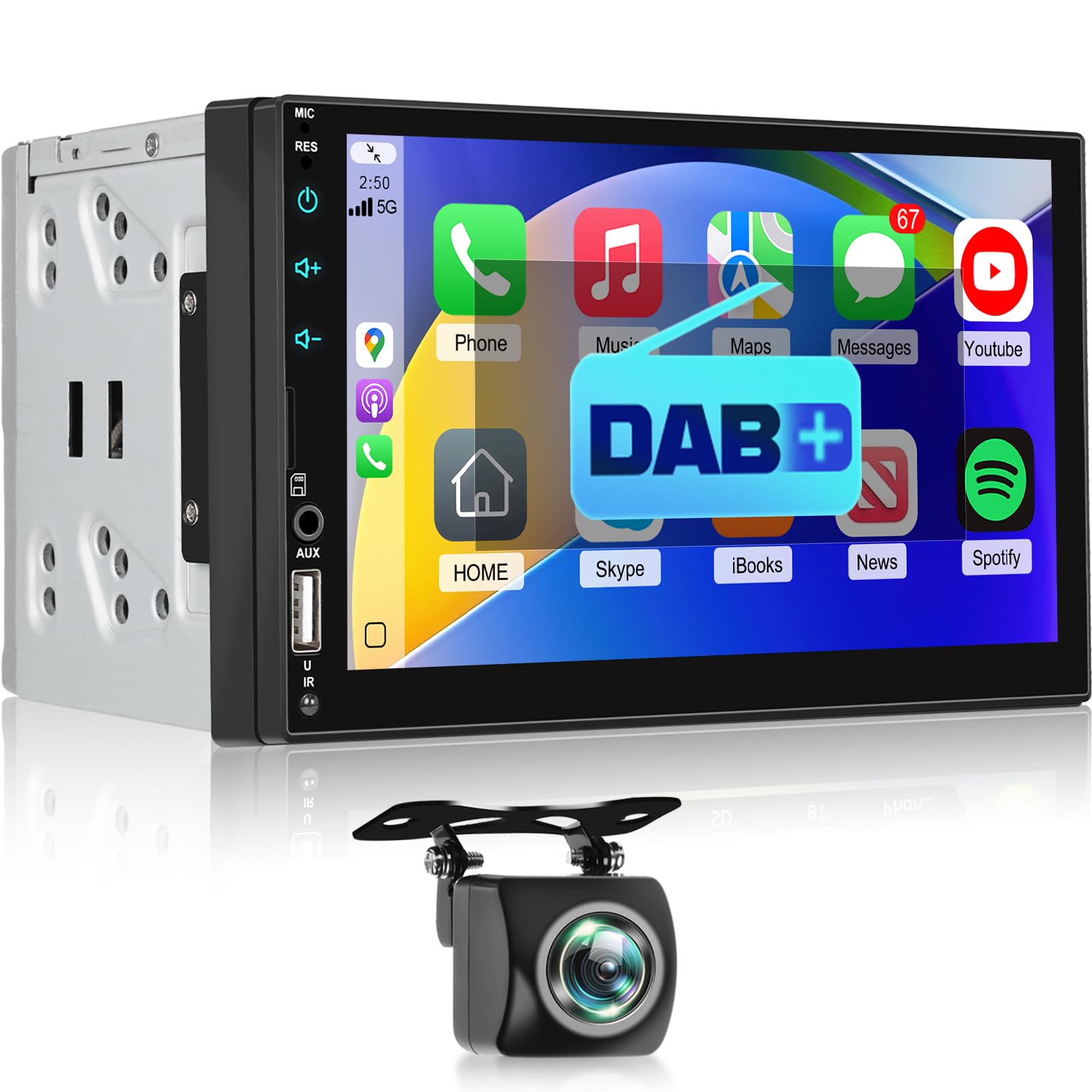NHOPEEW Radio samochodowe 2 DIN, DAB – 7 cali, obsługuje bezprzewodowe CarPlay Android Auto Mirror Link sterowanie kierownicą + kamera cofania 12 LED