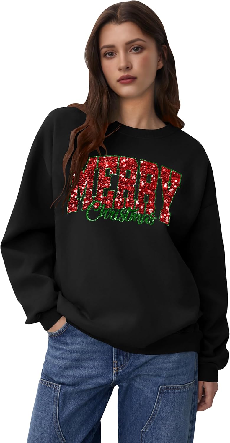 Merry Christmas Sweatshirts for Women: Glitter Merry Sweatshirt Xmas Gift Holiday Long Sleeve Pullover Tops - Image 4