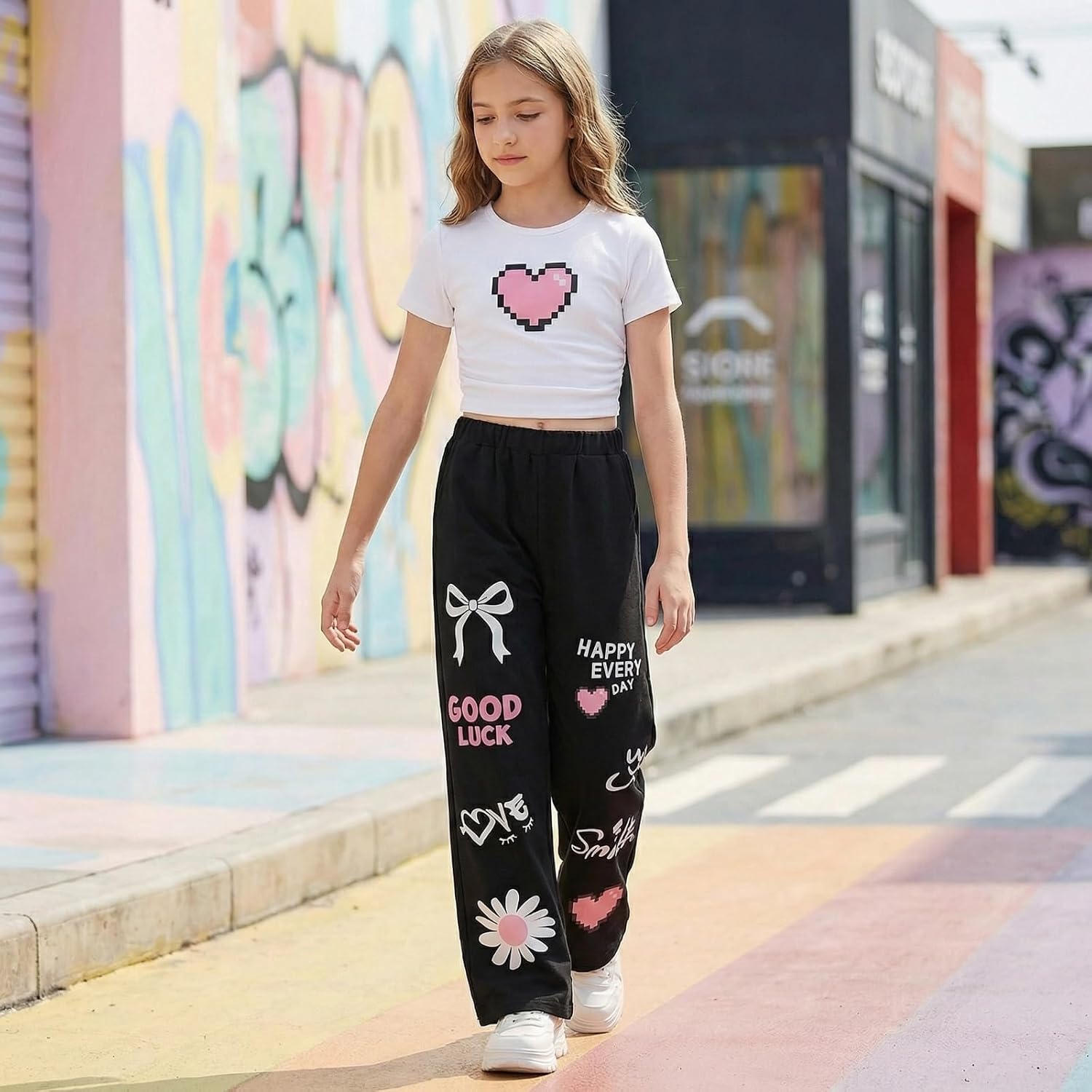 Girls 2 Piece Outfits Cute Short Sleeve Tops with Heart Print & Trendy Pants Set Summer Clothes, Size 7-14 Years