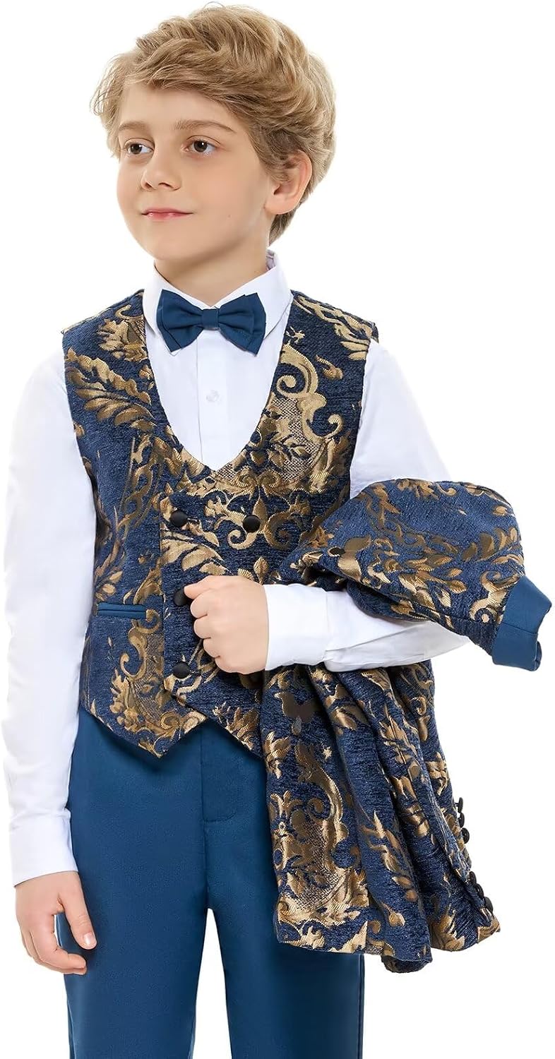 Boys Suit 3 Pieces Paisley Jacquard Formal Slim Fit Tuxedo Jacket Pants Vest for Wedding Ring Bearer Set