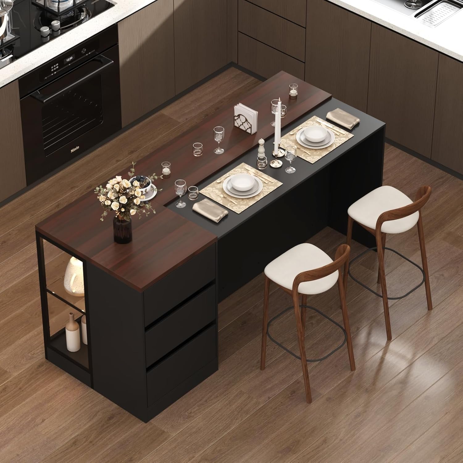 FUFU&GAGA Large Stationary Kitchen Island with Glass Doors and Lights, 77.6” Kitchen Table Cabinet with 3 Drawers, Display Storage Cabinet with Glass Shelves, Black and Brown, 77.6”W x 30.3”D x 36.6”H