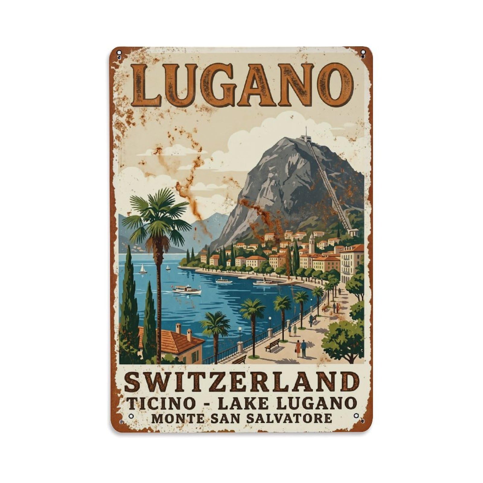 Vintage Travel Lugano Switzerland Metal Tin Sign Wall Decor for Cafe, Club, Garden Metal Poster 8x12Inch