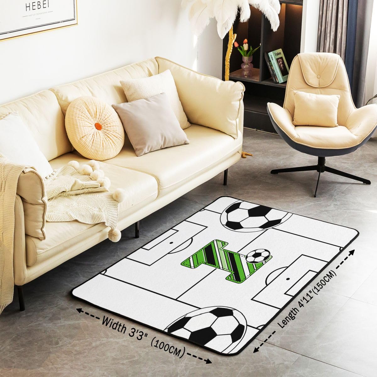 Homewish Dywaniki do piłki nożnej 100 x 150 cm do sypialni salonu - spersonalizowany inicjał i nowoczesny dywan podłogowy biały i czarny gra w piłkę duże dywany boisko piłkarskie nie gubi dywanu