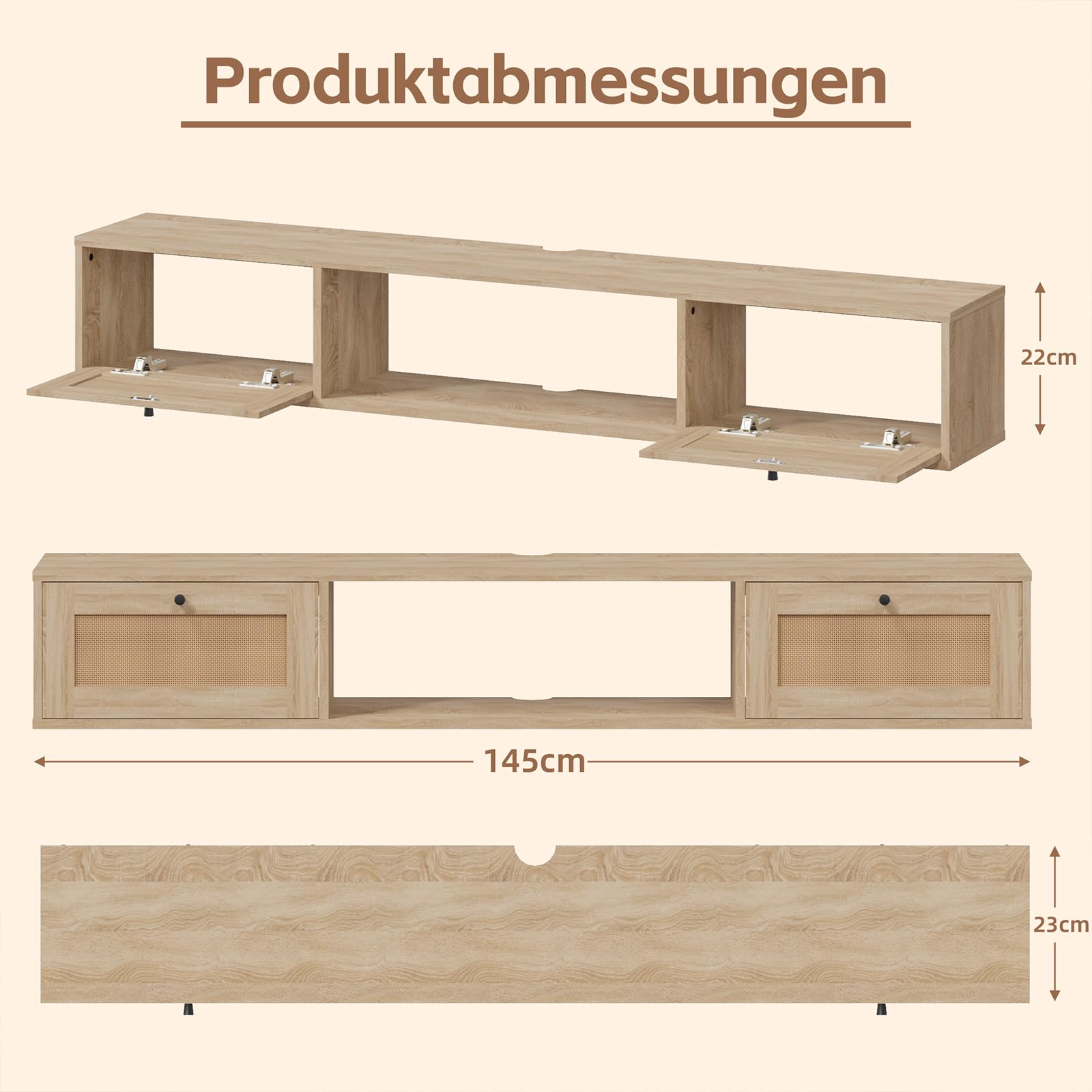 Mueble de TV Flotante 145 cm, Mueble TV Suspendido para Televisores de hasta 65 Pulgadas, Mesa para TV con Puertas de Ratán y Espacio Abierto de Almacenamiento para Salón, Roble Claro
