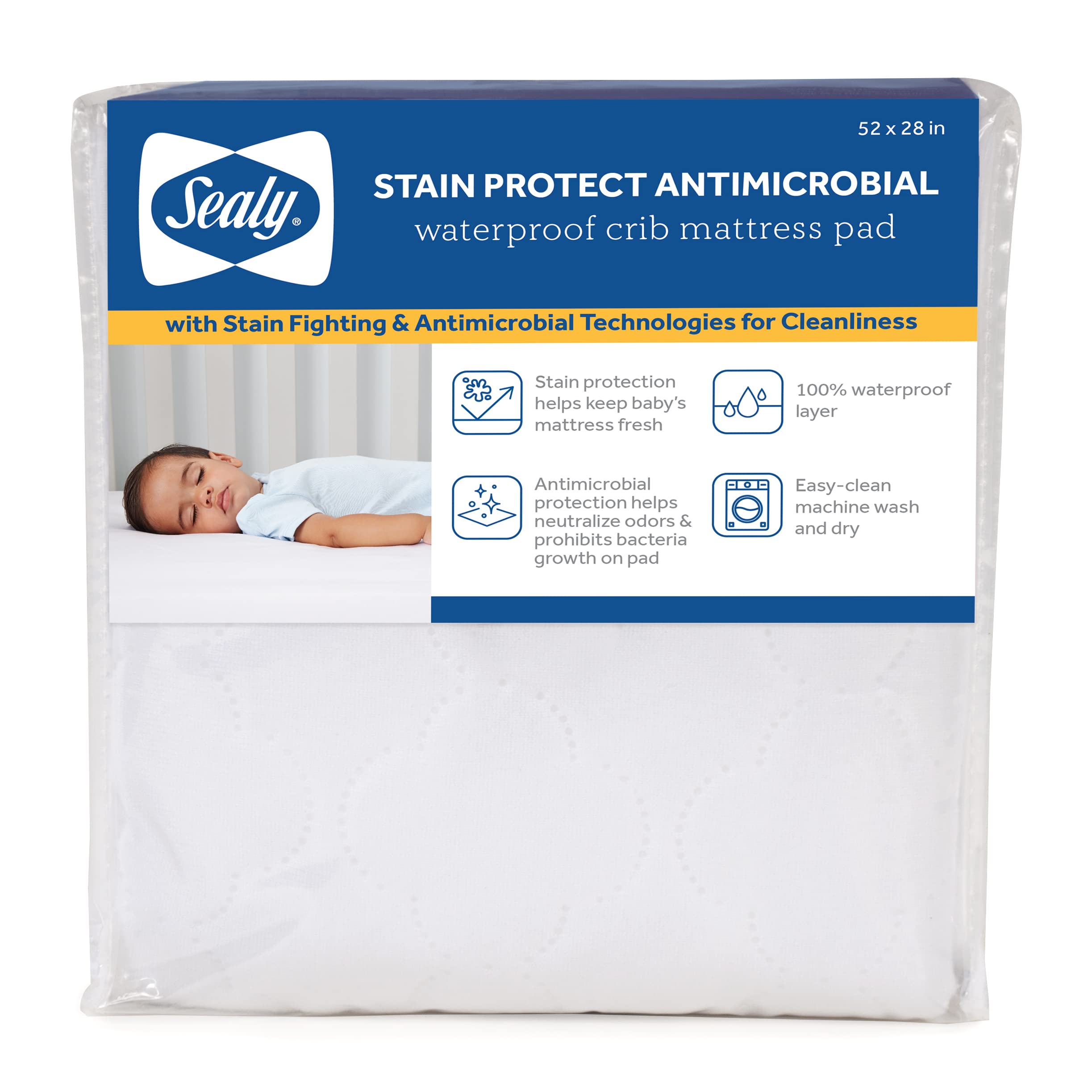 Sealy Baby Stain Protect Antimicrobial Fitted Waterproof Infant Crib Mattress Protector Pad and Toddler Bed Cover, Durable and Comfortable Topper,