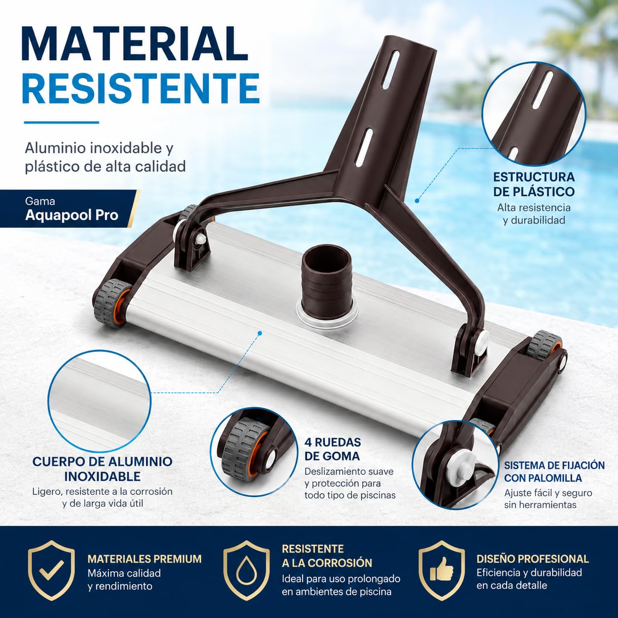 Limpiafondos de Aluminio AQUAPOOL Pro Manual para Piscinas, 33 cm, con 4 Ruedas de Goma y Cepillo de Nylon (33 cm PALOMILLA)