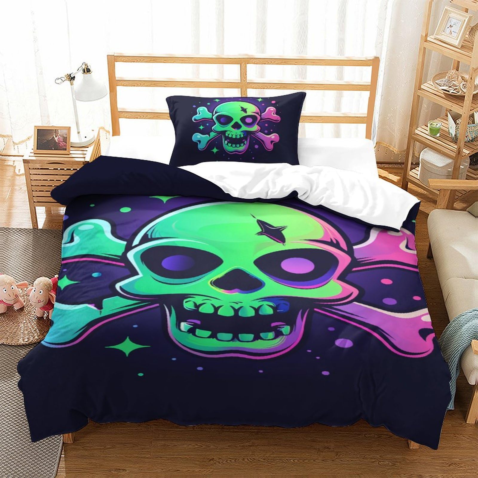 Housse de couette crâne 3D 135x200cm douce avec 2 taies