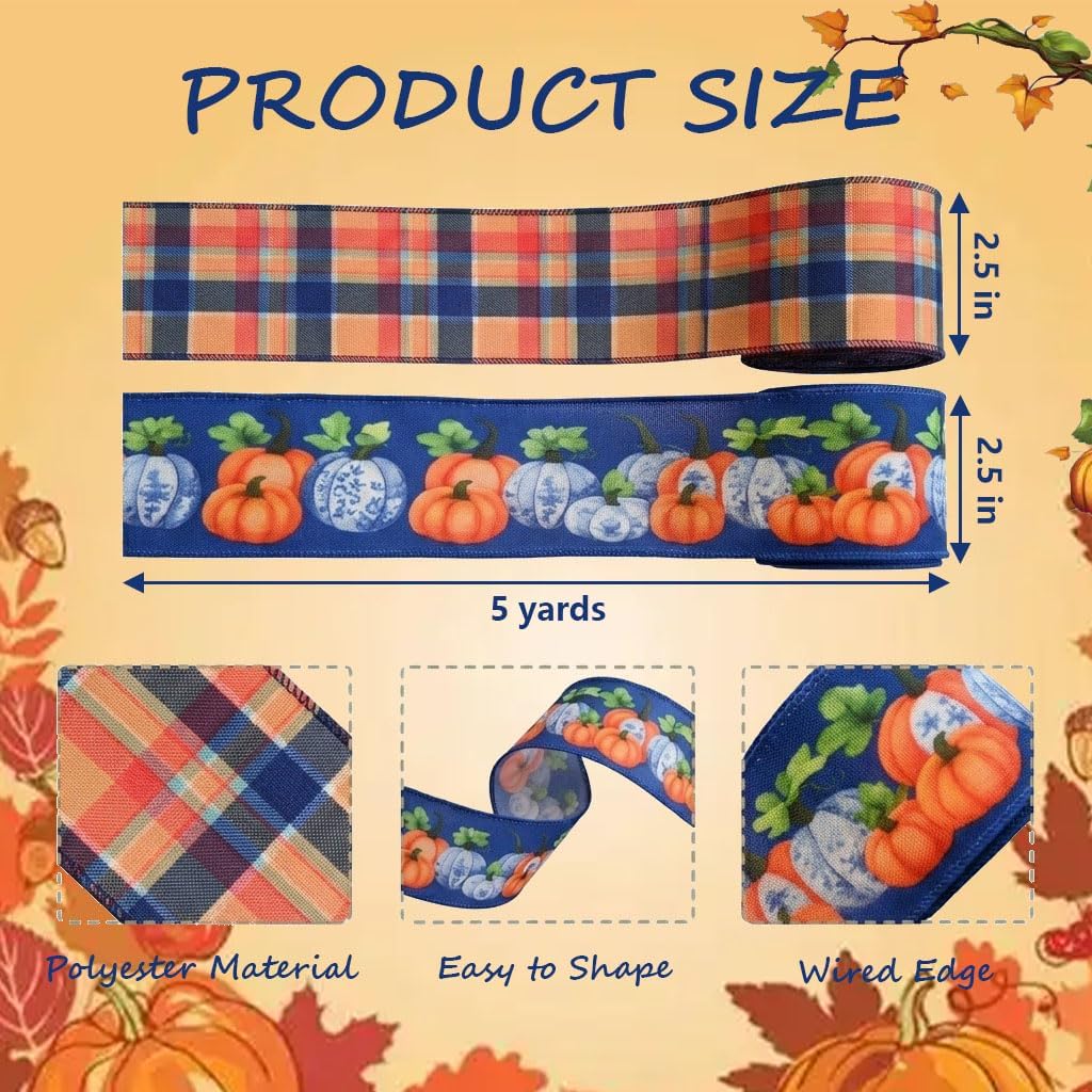 2 Rolls 10 Yards Fall Wired Ribbons for Wreath Bows Wrapping Gifts, Blue and Orange Plaid Ribbon Autumn Pumpkin Wired Ribbon for Thanksgiving Party, Home, Festival Décor DIY Crafts 2.5" image 2
