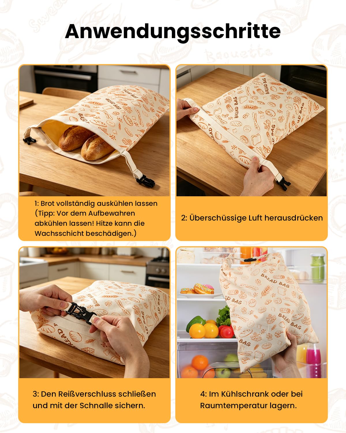 GEEKHOM Bienenwachs Brotbeutel 2 Stück Brotbeutel Leinen Wiederverwendbar für Sauerteig mit Reißverschluss 33×43 cm zur längeren Frischehaltung Waschbar