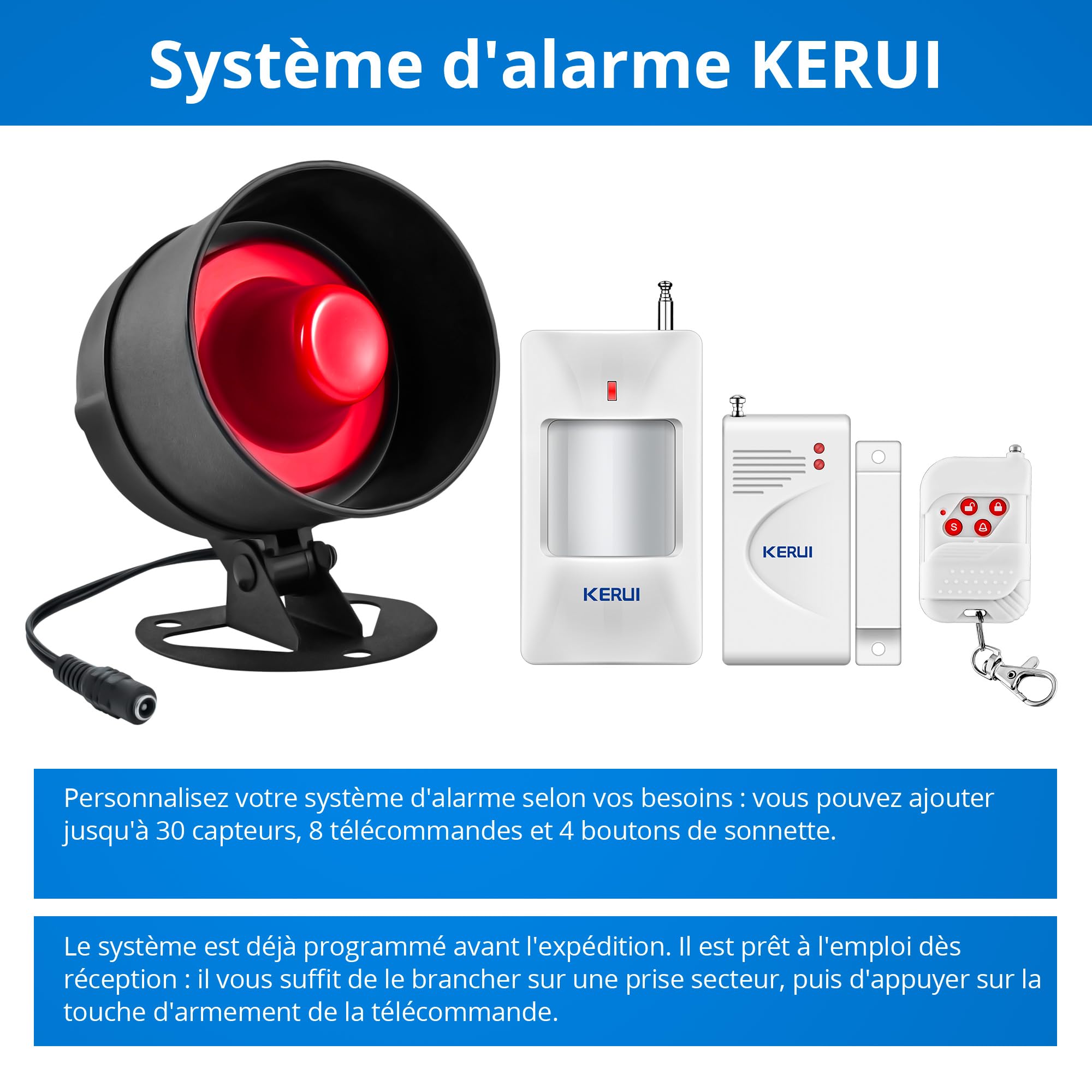 Kit Alarme Maison 7 Pièces Sirène 115 DB Capteur Mouvement Porte Fenêtre Système Sécurité Télécommande