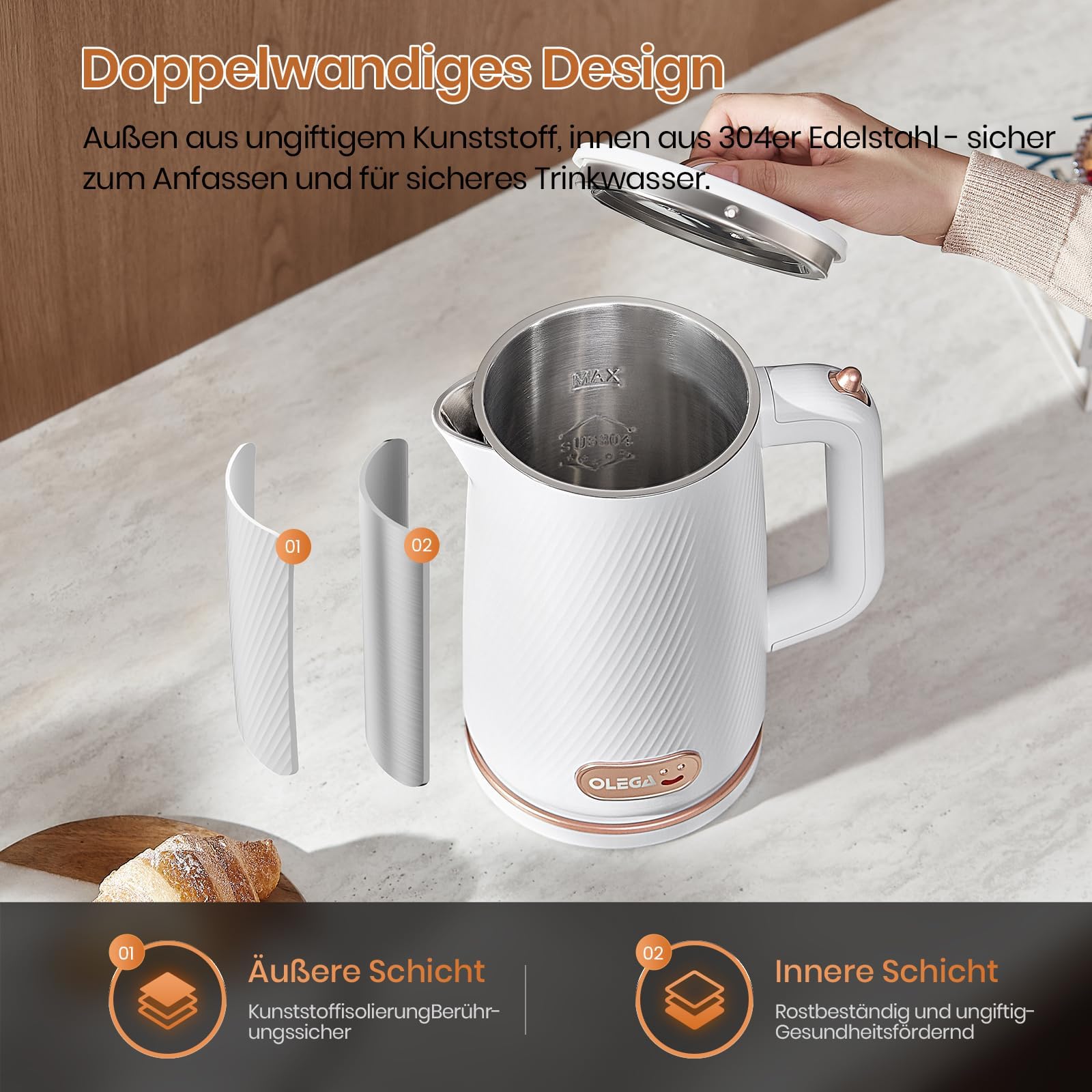OLEGA Hervidor de agua: 1800 W, calentador rápido, tetera eléctrica de acero inoxidable 304, sin BPA, hervidor eléctrico con apagado automático y protección contra ebullición en seco, 1,8 L, color