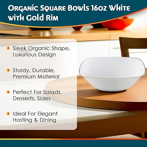 Miniatura 5 de Blue Sky Cuencos cuadrados orgánicos blancos con borde dorado, platos de plástico desechables de 16 onzas (10 unidades)  Vajilla elegante y