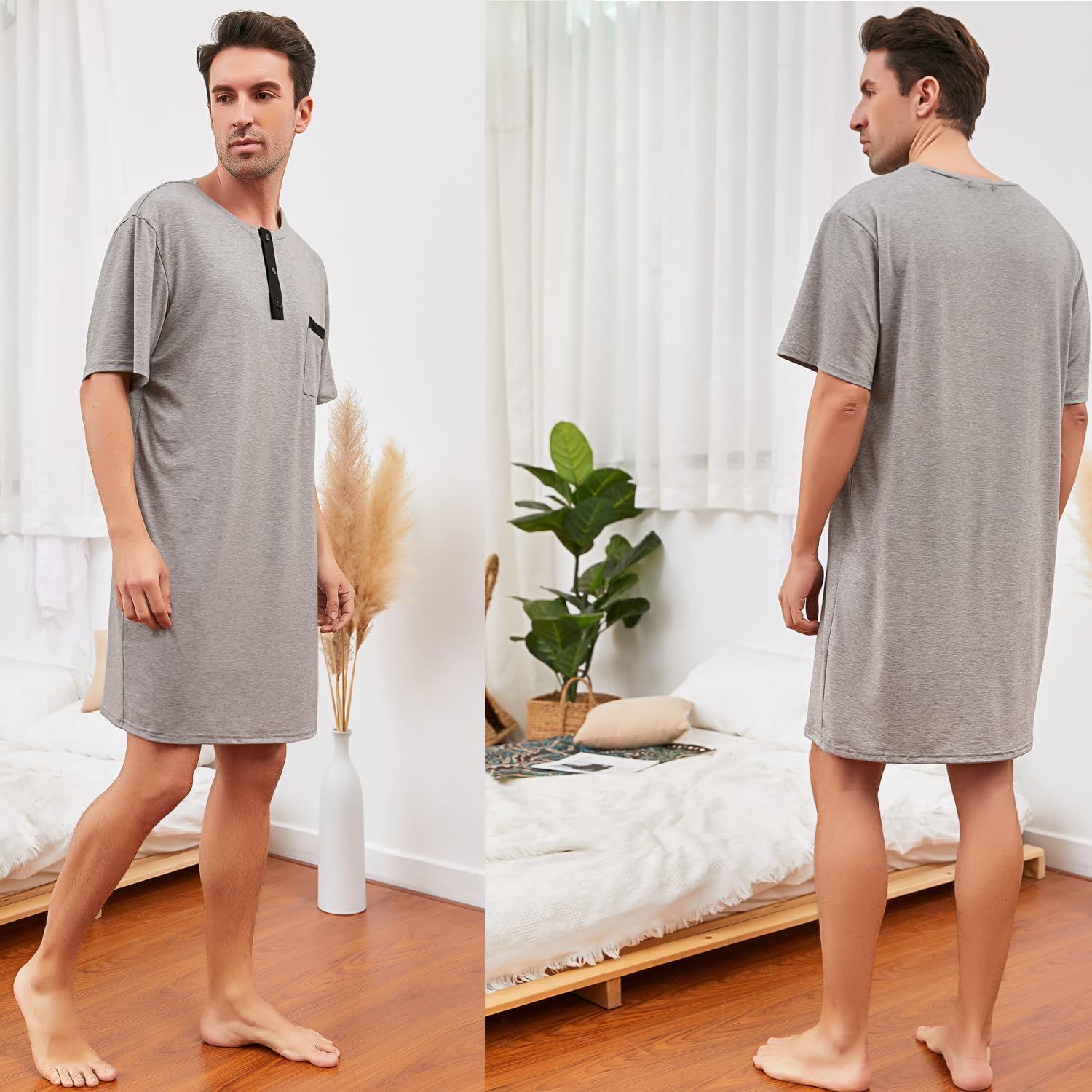 Men Short Sleeve Nightshirt Knee Length Nightgown Cotton Sleep Shirt Lounge Wear - Image 4