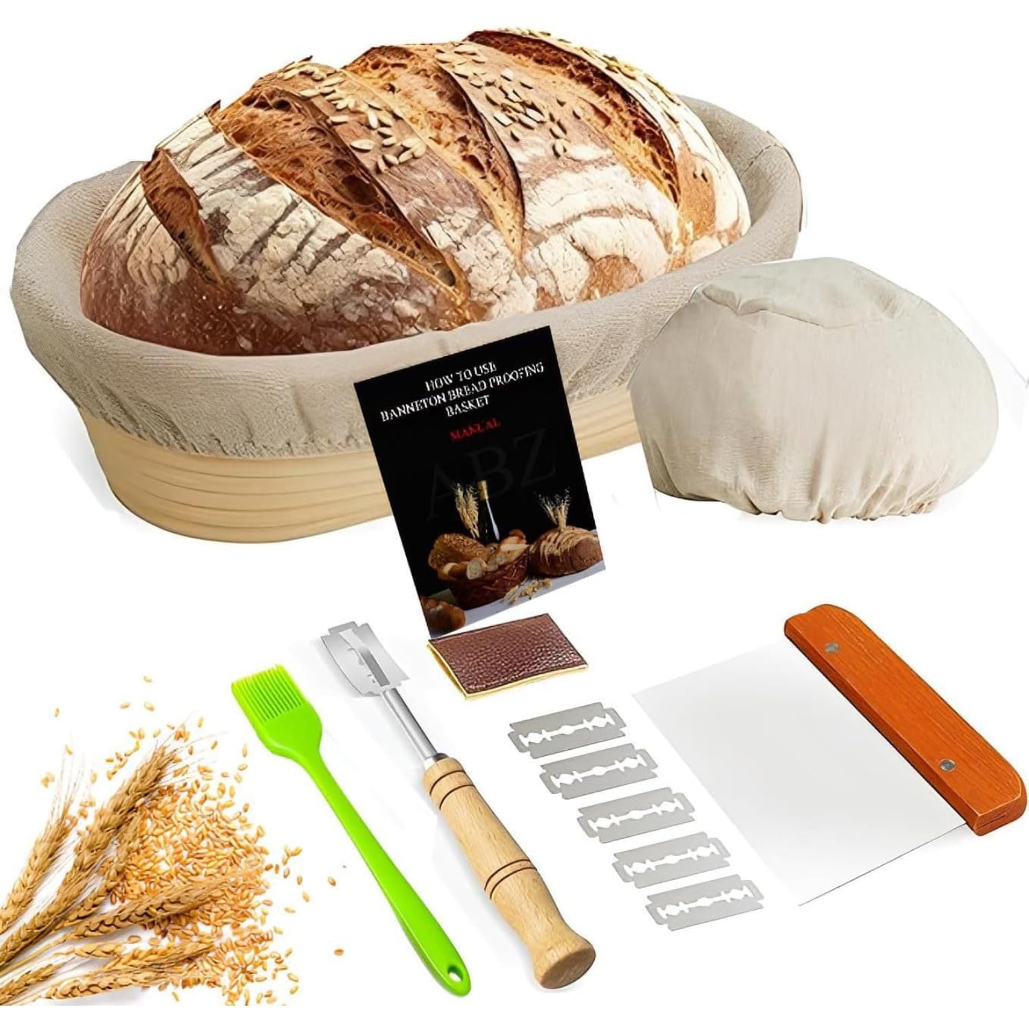 Banneton Proofing Basket – Oval Bread Proofing Set, 100% Natural Rattan Sourdough Basket with Baking Supplies, Bread Lame, Dough Scrapers, Linen Liner & Silicone Brush