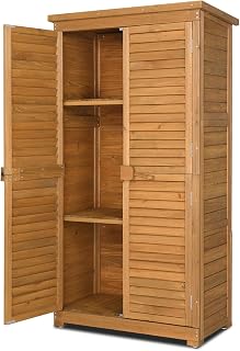 Outvita 63in Wooden Outdoor Storage Shed Cabinet - Lockable Doors, 3 Adjustable Shelves, Waterproof Roof for Garden Tools, Patio, Deck