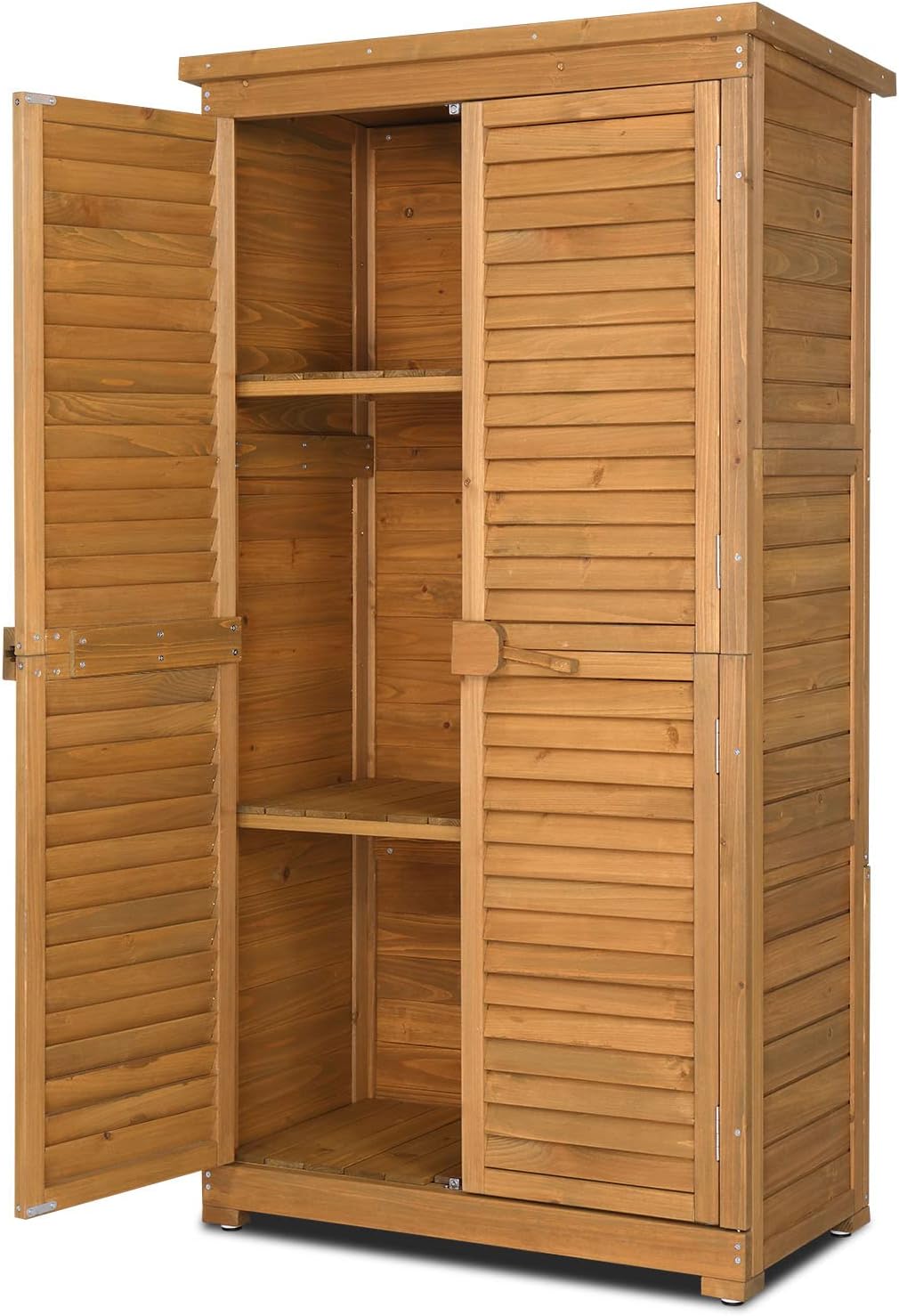 Outvita Outdoor Storage Cabinet for Gardening, 63in Wooden Garden Tools Shed with 2 Lockable Doors, 3 Adjustable Shelves, Waterproof Roof for Yard Garge Patio Deck Porch, Natural