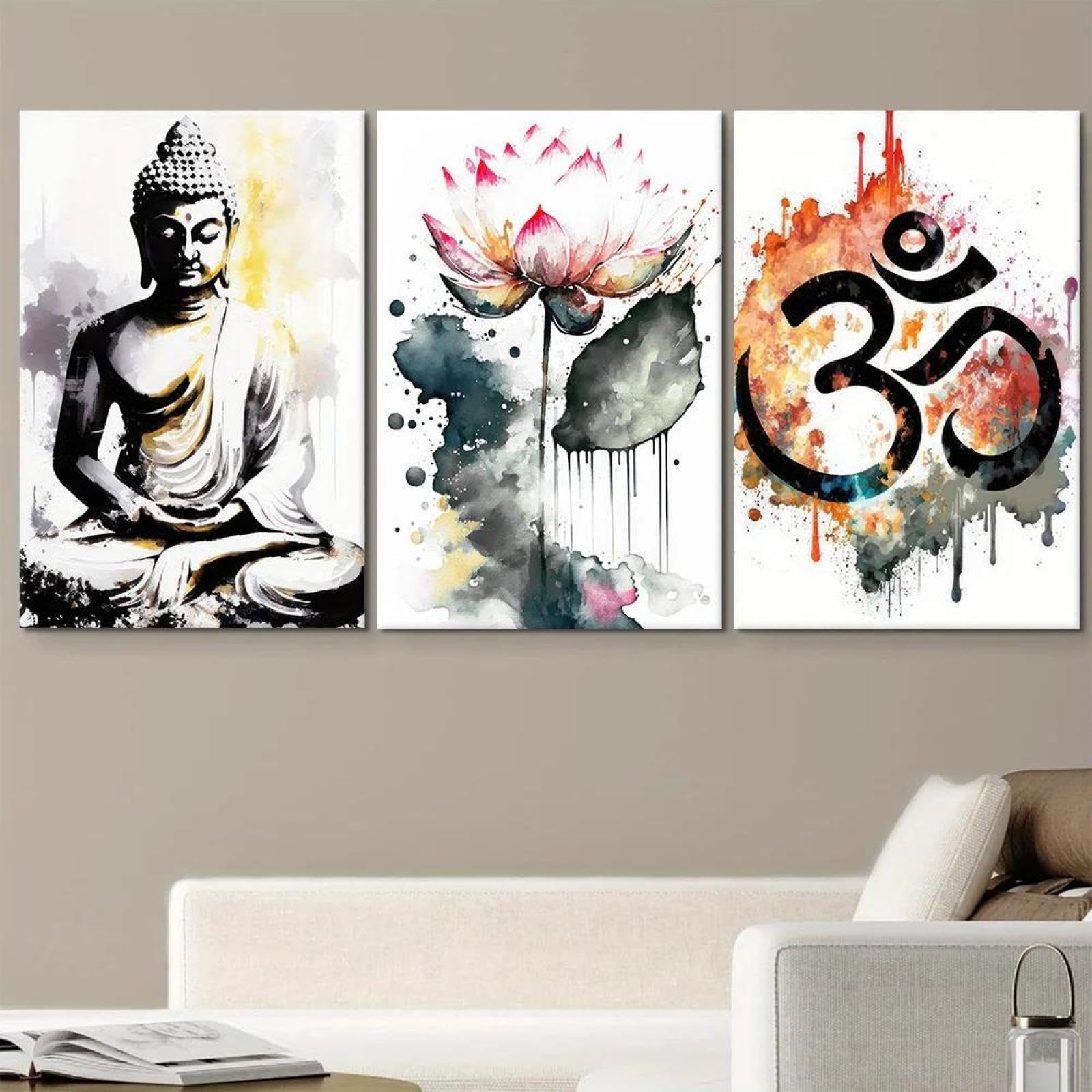 Baibexing Abstract Ink Zen Buddhist Lotus Canvas Painting Poster Prints Wall Art Picture For Living Room Home Decor 60X80Cmx3Pcs Unframed