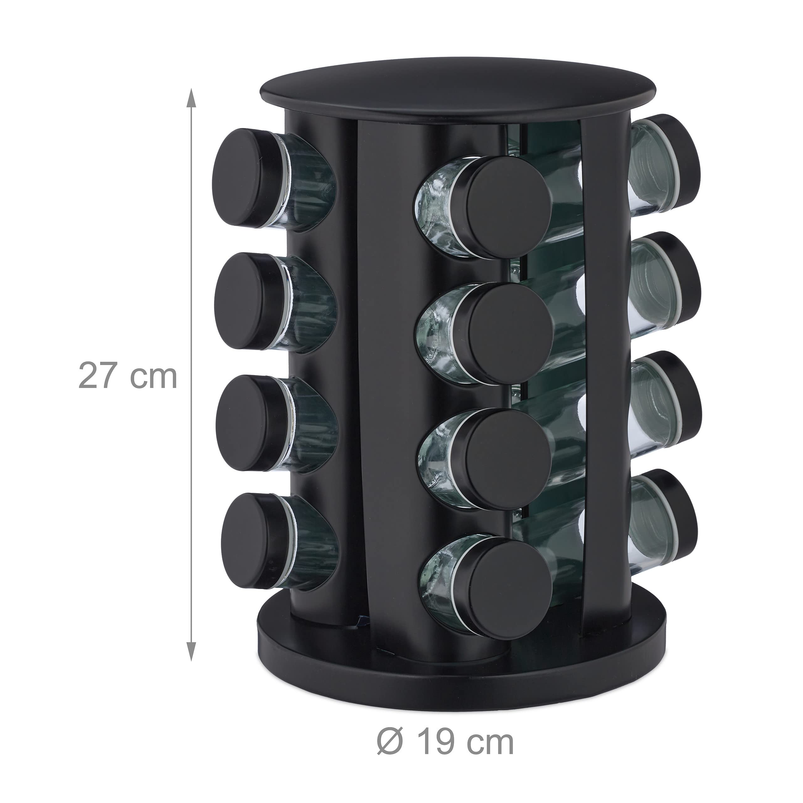 Relaxdays Especiero Giratorio con 16 Botes, con Dosificadores Rotatorio, Soporte Especias Reutilizable de Cocina, Negro