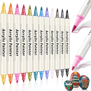 12 Colors Dual Tip Acrylic Paint Pens Markers, Brush & Fine Tip Coloring Drawing Markers for Christmas Decorations, Waterp...