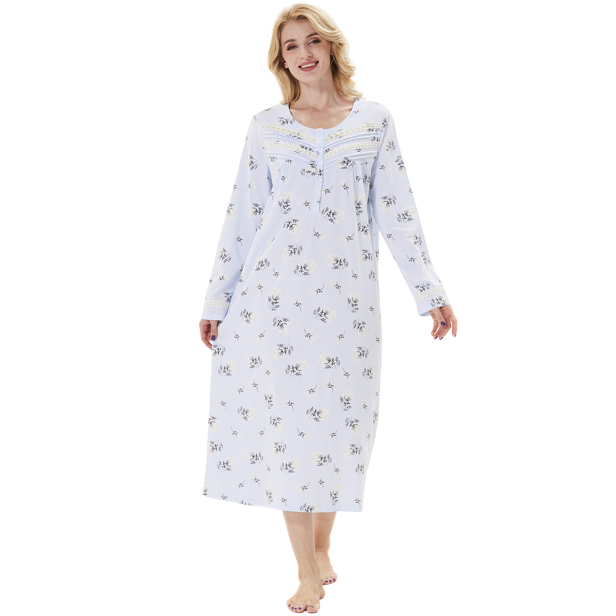 Keyocean Cotton Knit Women Nightgowns, Soft Comfy Lightweight Long Sleeves Ladies Sleeping Gown Jasmine Floral on Light Blue XXL