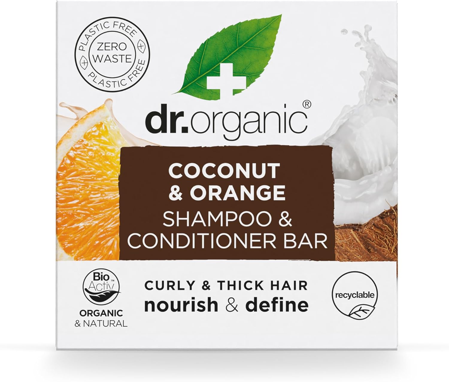 Dr Organic Coconut & Orange Shampoo & Conditioner Bar, Nourishing, For Curly & Thick Hair, New, Plastic-Free, Natural, Vegan, Cruelty-Free, Parabens & SLS, Organic, 75g