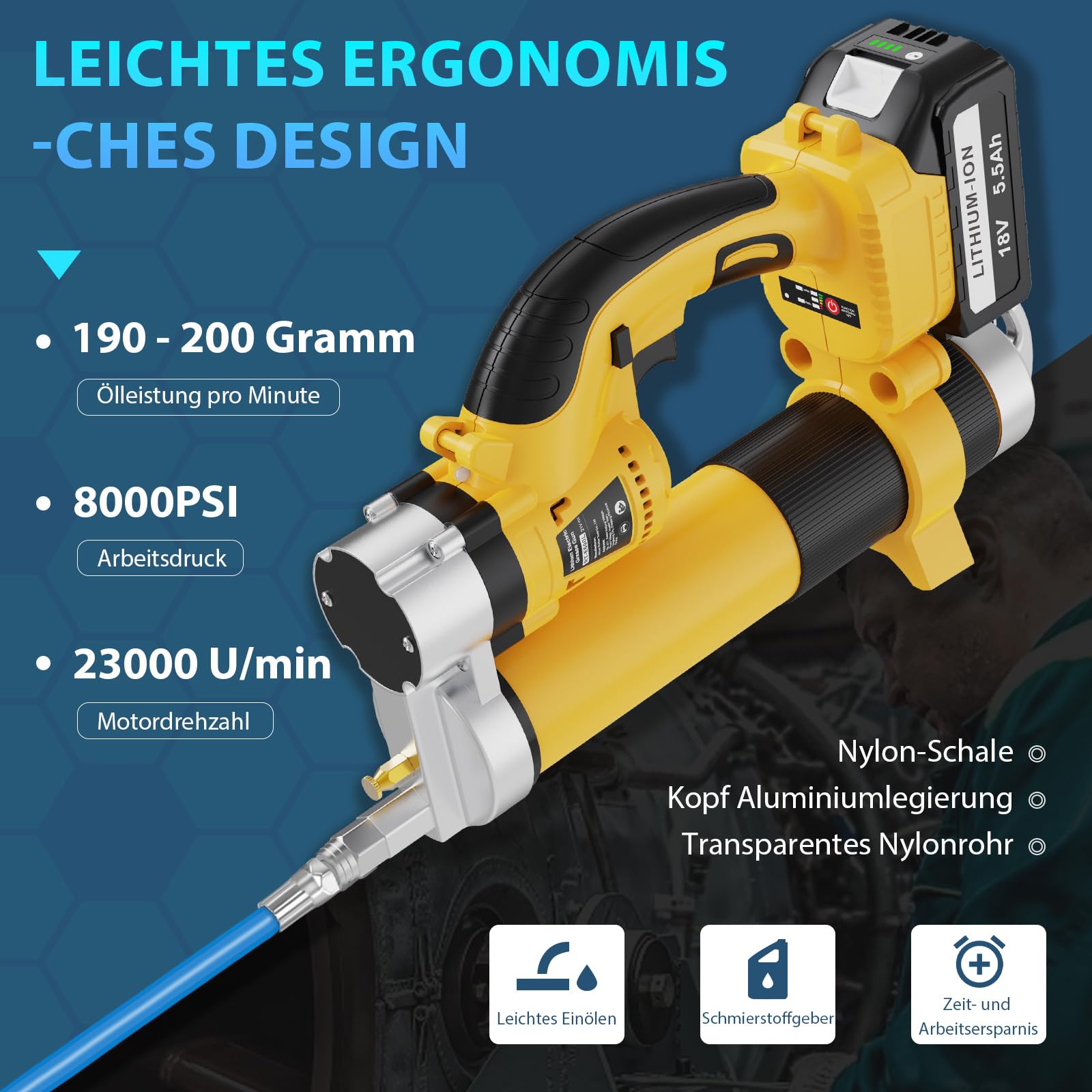 Pompa per grasso a batteria 18V, Kit pompa elettrica per grasso con 2 batterie e caricabatterie, motore brushless 8000 PSI, batteria agli ioni di litio 18V 5,5Ah per veicoli e macchine