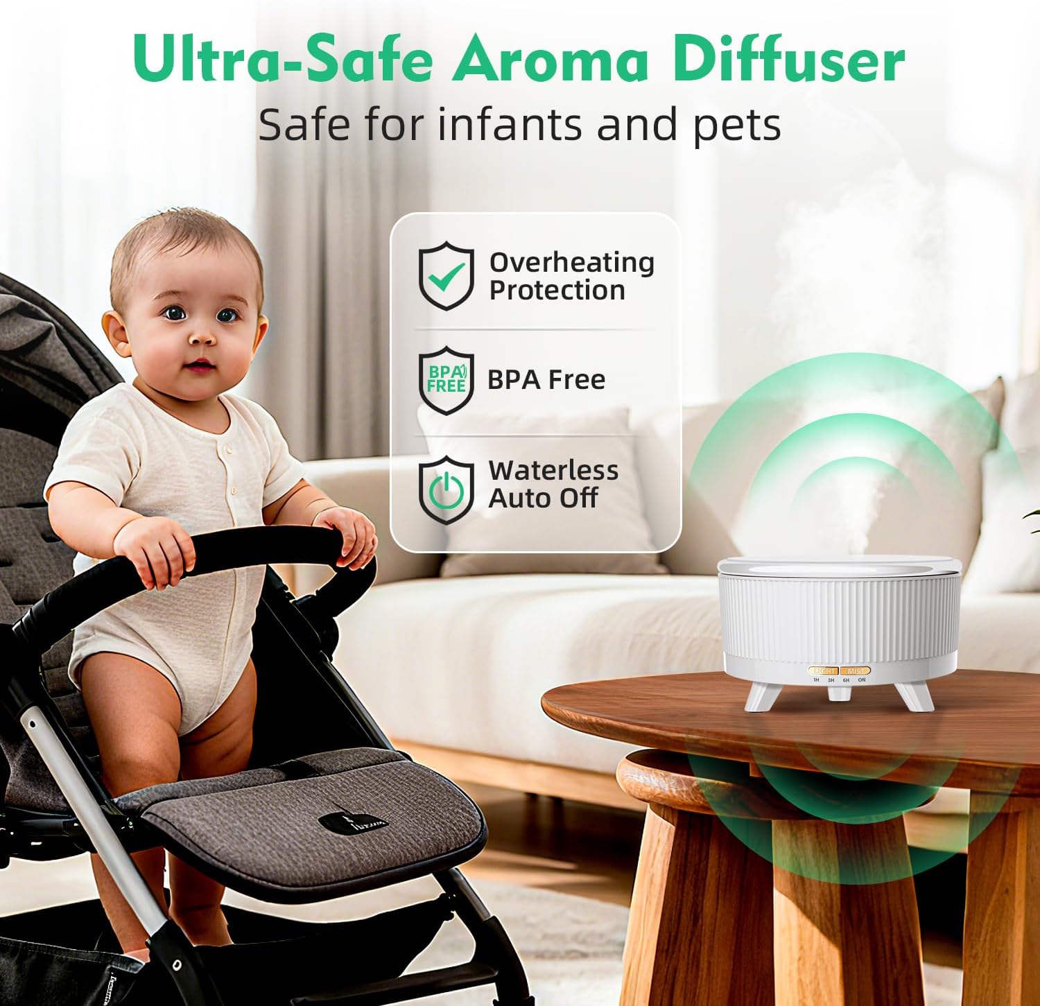 YOUENKITY 500ML Large Essential Oil Diffuser operating quietly on a bedside table, emitting mist and soft light, with a sleeping person in the background.