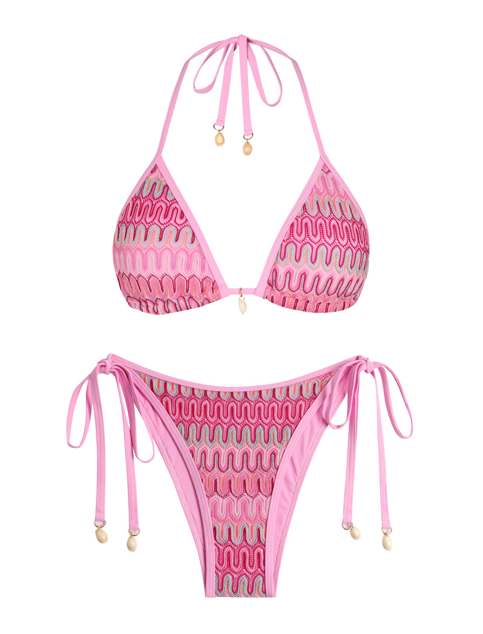 ZAFUL Womens Colorblock Stripes Triangle Halter Tied Cheeky Thong Bikini Set High Cut Two Piece Bathing Suit