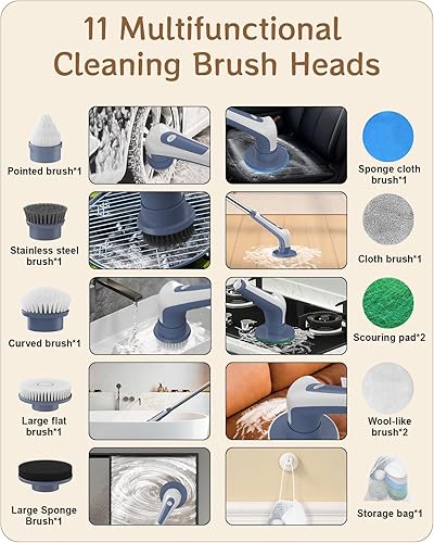 Miniatura 4 de HOVOBO Limpiador eléctrico giratorio 13 en 1 para limpieza, limpiador de ducha impermeable IPX8 con mango largo y 11 cabezales, cepillo de limpieza