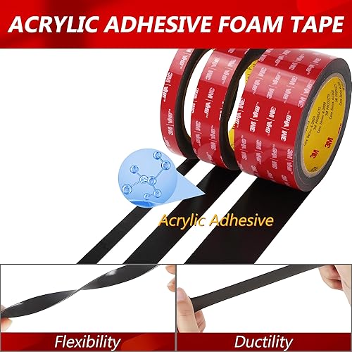 Miniatura 5 de Cinta de doble cara 3M 0.5×5.5m VHB 5925 Cinta de montaje negra, resistente, contra agua, de espuma, fuerte, adhesiva para tira de luz LED de RV,