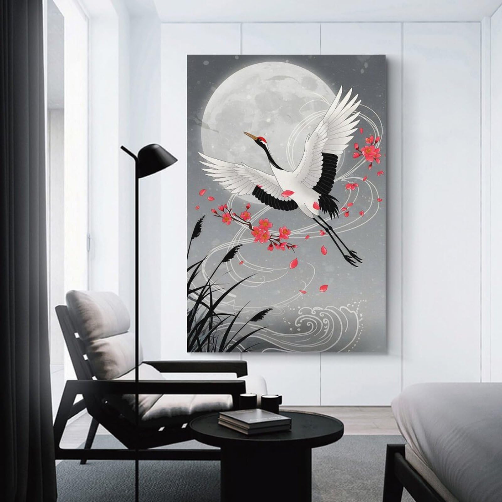 Junmoney Wall Art Print Crane in Flight with Cherry Blossoms, 24x36inch(60x90cm), for Contemporary Homes, Apartments Or Offices, An Easy Choice for New Home Styling
