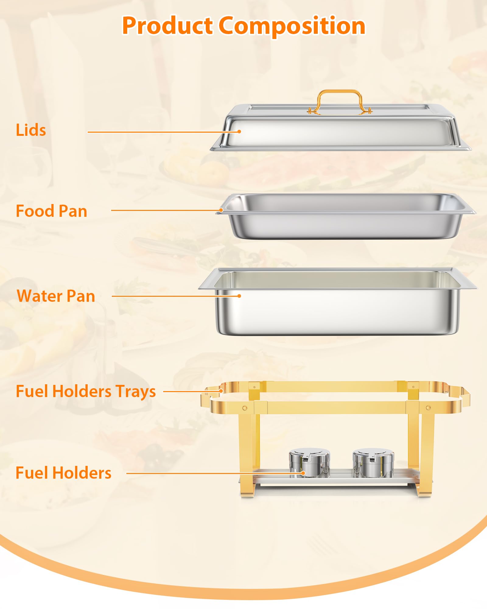 GarveeHome Set di scaldavivande da buffet, 2 pezzi, rettangolari, per buffet con coperchio, scaldavivande in acciaio inox, per cucina, feste, banchetti, cene, oro