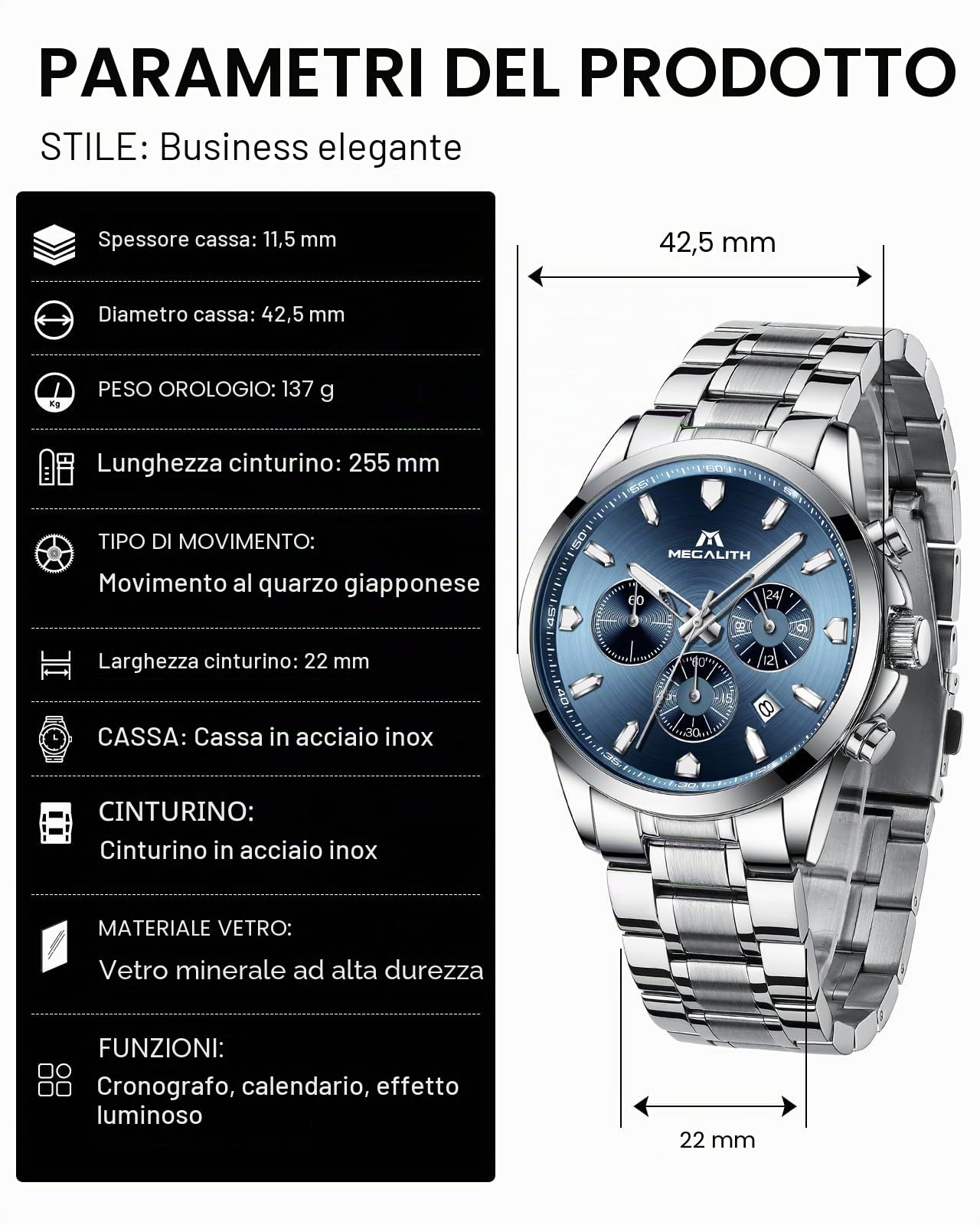 MEGALITH Orologio Uomo Acciaio Inossidabile: Impermeabile Analogico Cronografo Orologi con Fecha Luminosa - Regalo Anniversario Compleanno per Affari Lavoro Uomo