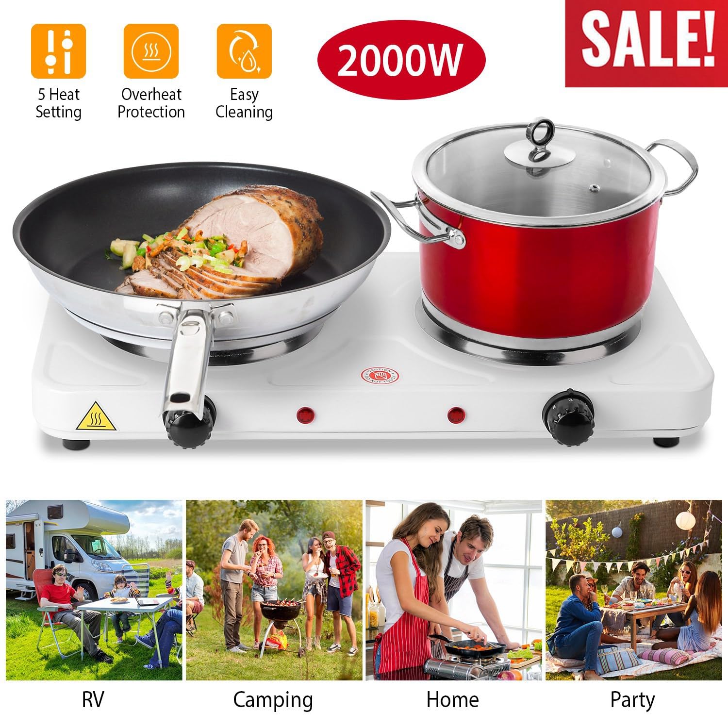 Portable Hot Plate, 2000W Double Electric Burner Portable Dual Counter Stove Countertop Hot Plate Kitchen Cooker Stove with 5 Gear Temperature Control for Camping Outdoor Indoor, White