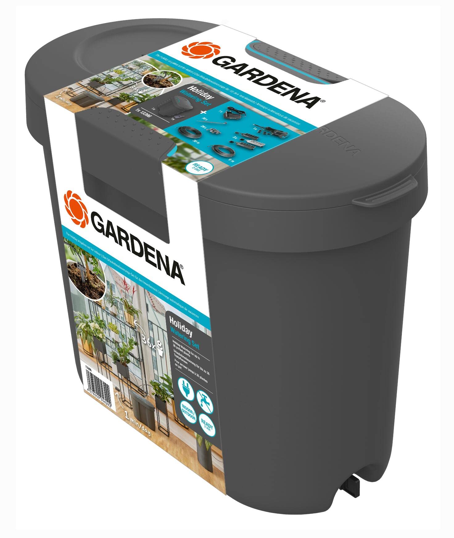 Gardena Urlaubsbewässerungs-Set inkl. Wasserreservoir: Innen und außen Bewässerungsset für Topfpflanzen, Transformator mit integriertem Zeitschalter, Auto-Stop-Funktion (13366-20)